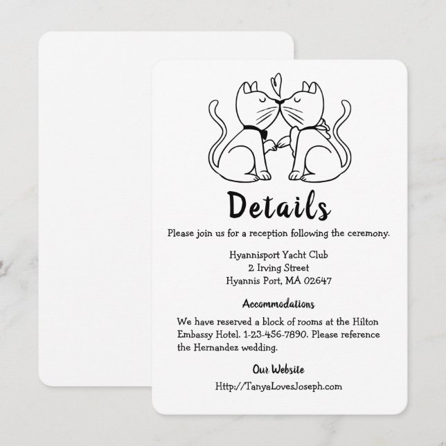 Cute Cat Lovers Kitty Black White Wedding Details Invitation (Front/Back)