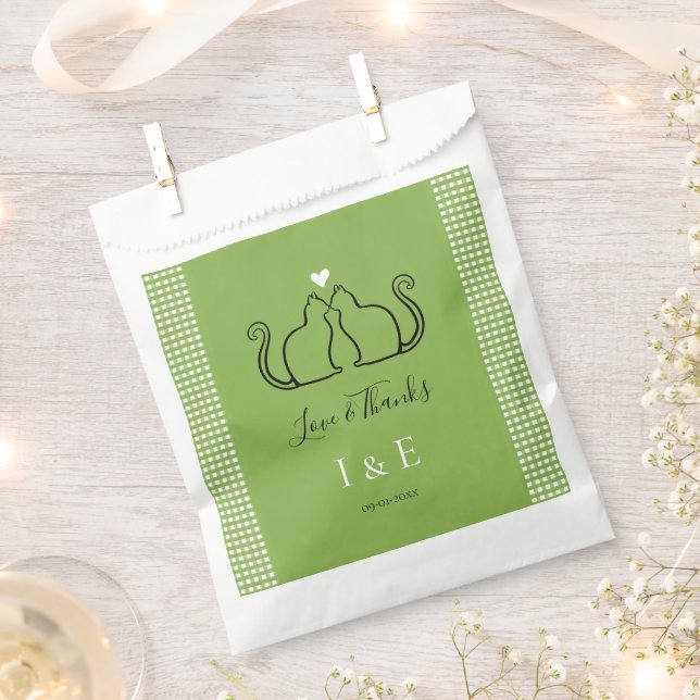 Cute Cat Lovers Lime Green Gingham Wedding Favour Bag (Clipped)