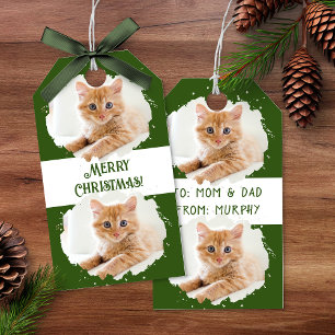 Cute Cat Lovers Personalized Photo Pattern Green Gift Tags