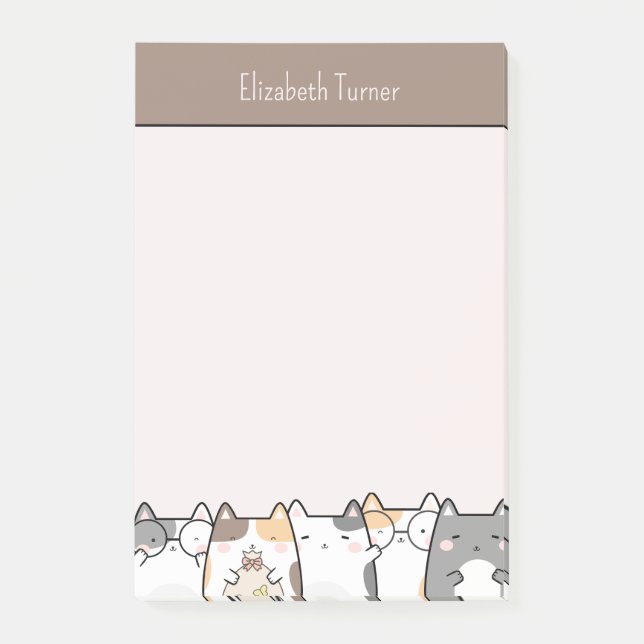 Cute Cat Lovers Pink and Brown Kids Personalized Post-it Notes (Front)