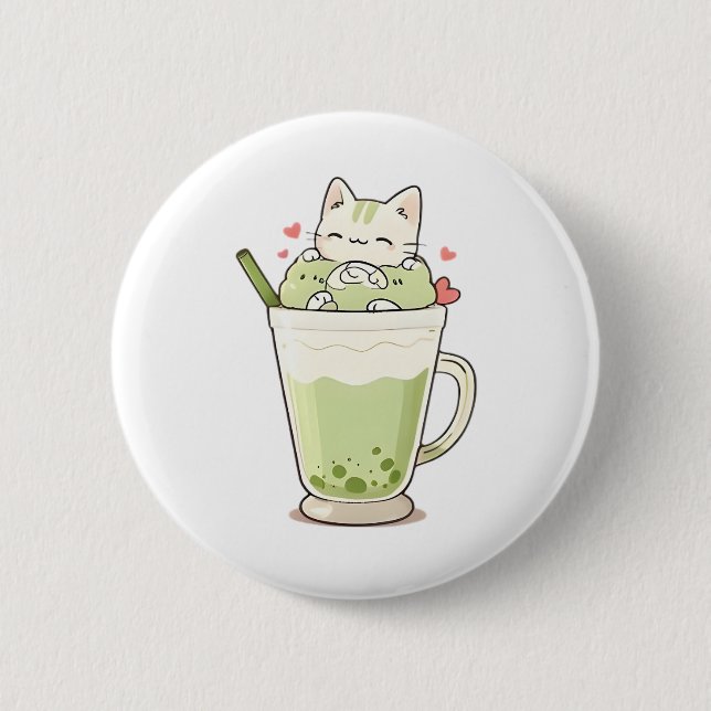 Cute Cat Matcha Boba Drink Kawaii Design 2 Inch Round Button (Front)