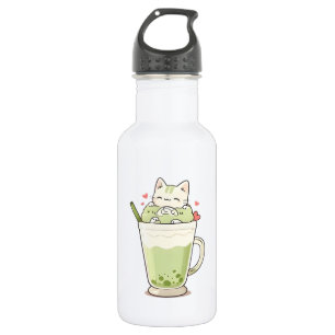 Cute Cat Matcha Boba Drink Kawaii Design 532 Ml Water Bottle
