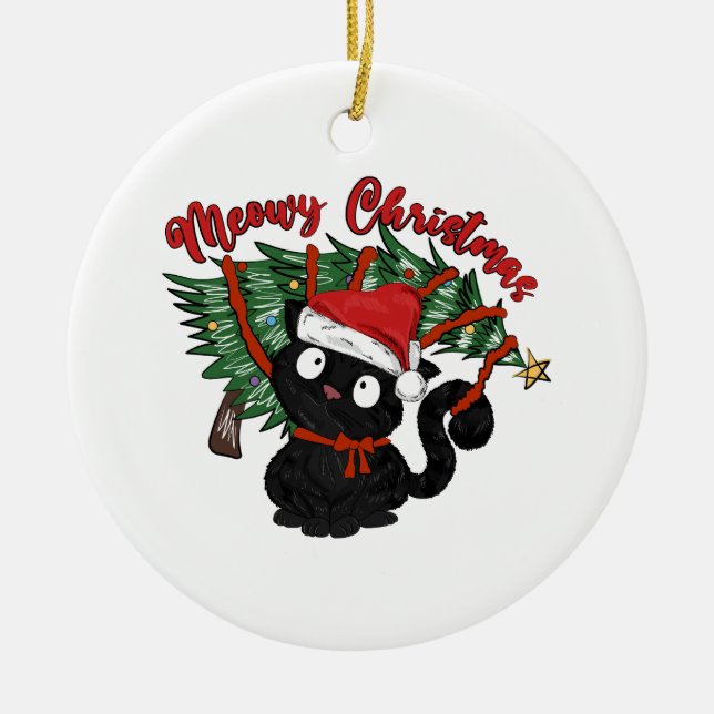Cute Cat Meow Christmas Funny Pet Ceramic Ornament (Front)