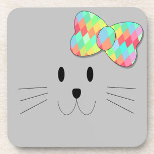 Cute Cat Meow Rainbow Bow Grey Glitter Kitty Kids  Coaster