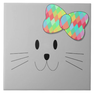 Cute Cat Meow Rainbow Bow Grey Glitter Kitty Kids  Tile