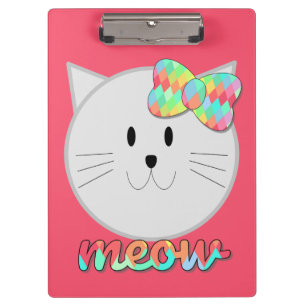 Cute Cat Meow Rainbow Bow Pink Glitter Kitty Kids Clipboard