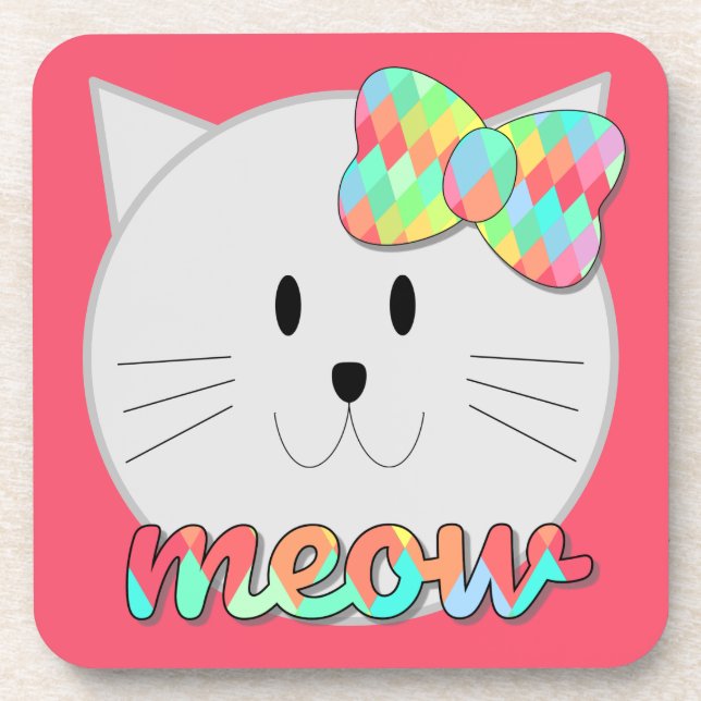 Cute Cat Meow Rainbow Bow Pink Glitter Kitty Kids Coaster (Front)