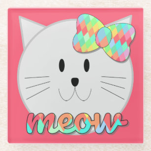 Cute Cat Meow Rainbow Bow Pink Glitter Kitty Kids Glass Coaster