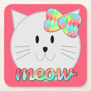 Cute Cat Meow Rainbow Bow Pink Glitter Kitty Kids Square Paper Coaster