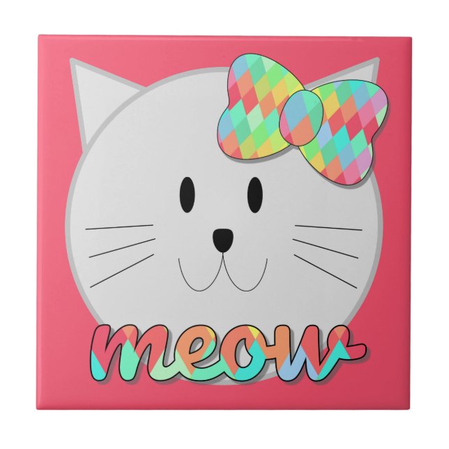 Cute Cat Meow Rainbow Bow Pink Glitter Kitty Kids Tile (Front)