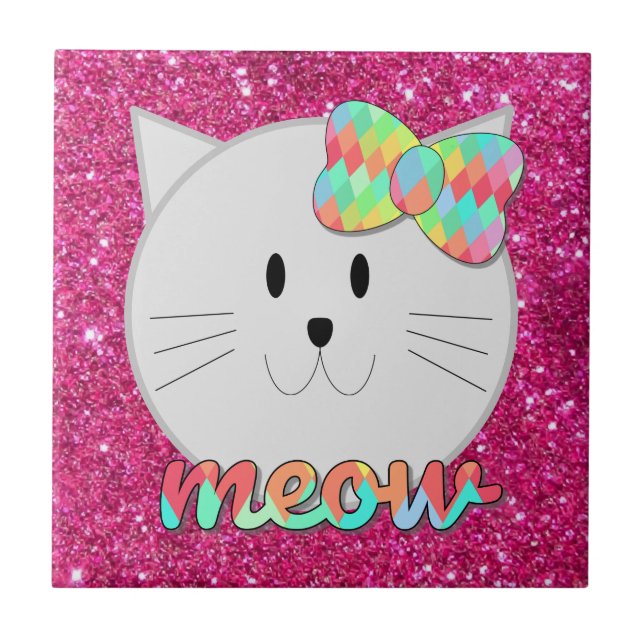 Cute Cat Meow Rainbow Bow Pink Glitter Kitty Kids Tile (Front)