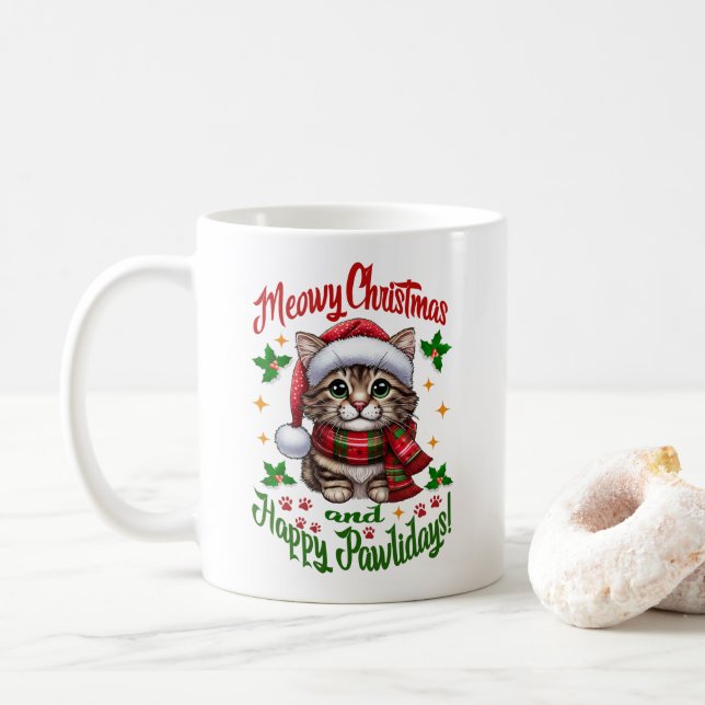 Cute Cat Meowy Christmas And Happy Pawlidays Mug (With Donut)