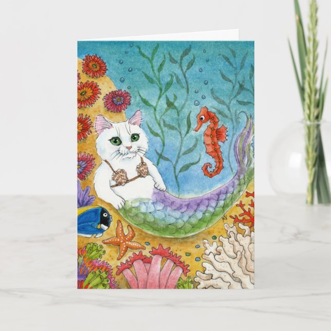 Cute cat mermaid mercat seahorse card (Front)