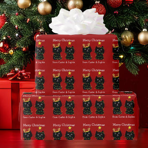 Cute Cat Merry Christmas Lights Personalized Red Wrapping Paper