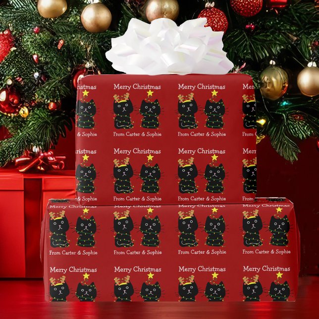 Cute Cat Merry Christmas Lights Personalized Red Wrapping Paper (Creator Uploaded)