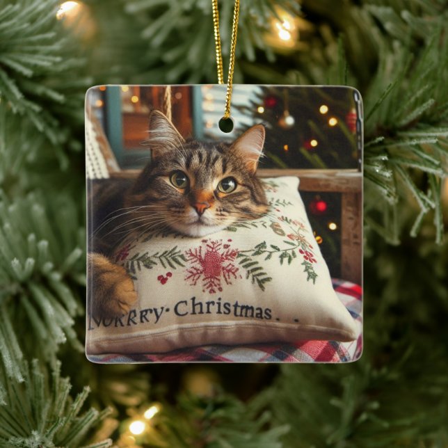 Cute Cat Merry Christmas Ornament (Tree)
