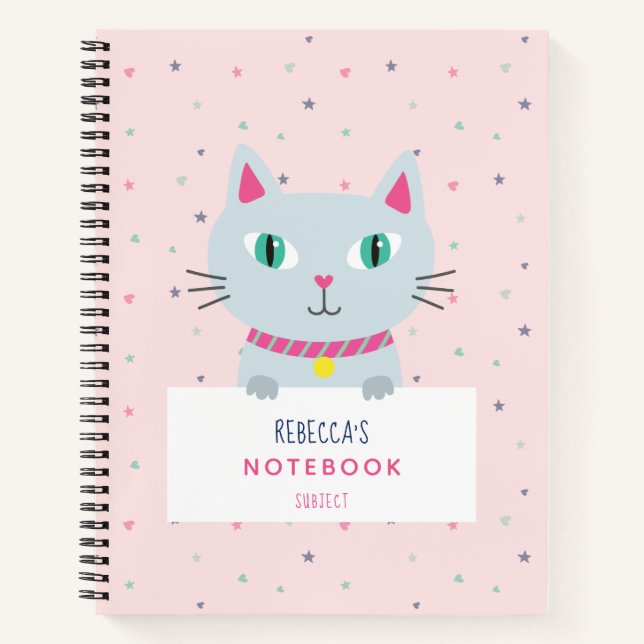 Cute Cat Modern Name Pink Personalized Notebook (Front)