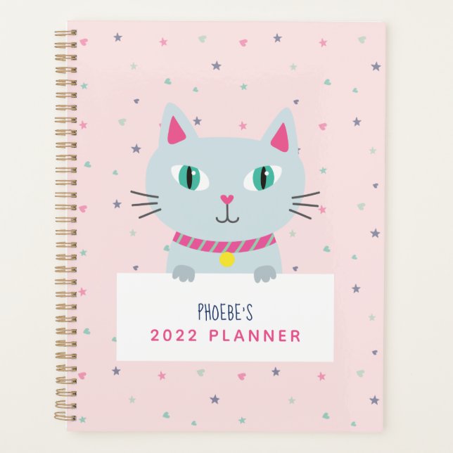 Cute Cat Modern Name Pink Personalized Planner (Front)