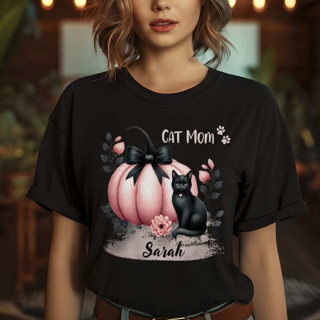 Cute Cat Mom Halloween Personalized Pink T-Shirt (Creator Uploaded)