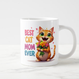 Cute Cat Mom Holding Flowers And Hearts 🐱 Large Coffee Mug
