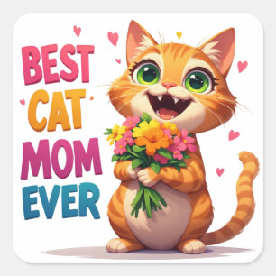 Cute Cat Mom Holding Flowers And Hearts 🐱 Square Sticker