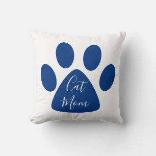 Cute Cat Mom Navy Pawprint Throw Pillow