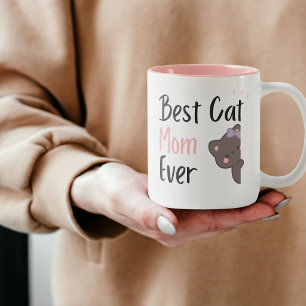 Cute Cat Mom Pink Bow Kawaii Design Two-Tone Coffee Mug