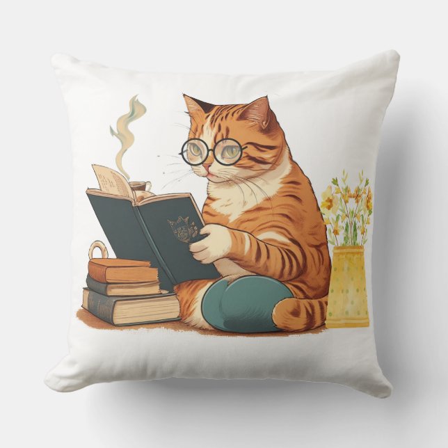 cute cat mom reading a book and drinking coffee throw pillow (Front)