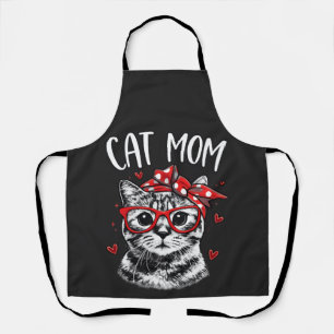 Cute Cat Mom with Glasses & Bandana Black Kitchen Apron