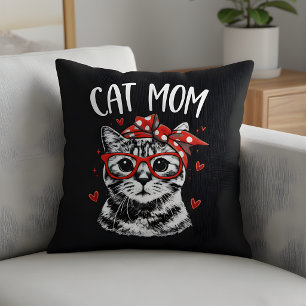 Cute Cat Mom with Glasses & Bandana Black Throw Pillow