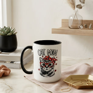 Cute Cat Mom with Glasses & Bandana White Coffee Mug