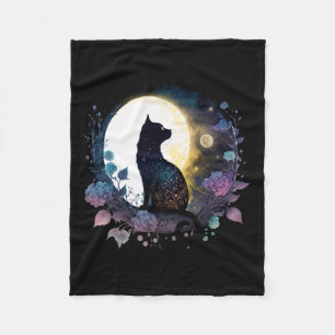Cute Cat Motif Cat In Moonlight Cat Fleece Blanket