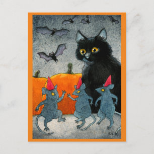 Cute Cat Mouse Bat Halloween pumpkin autumn Postcard
