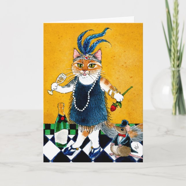 Cute cat mouse Flapper Art Deco funny birthday Card (Front)