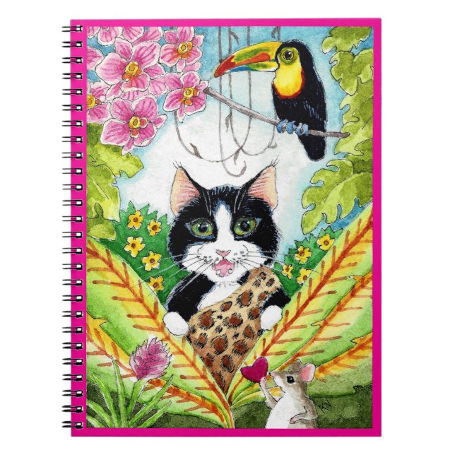 Cute Cat mouse heart orchid toucan bird notebook (Front)