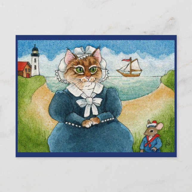 Cute Cat, Mouse, lighthouse, ship, beach postcard (Front)