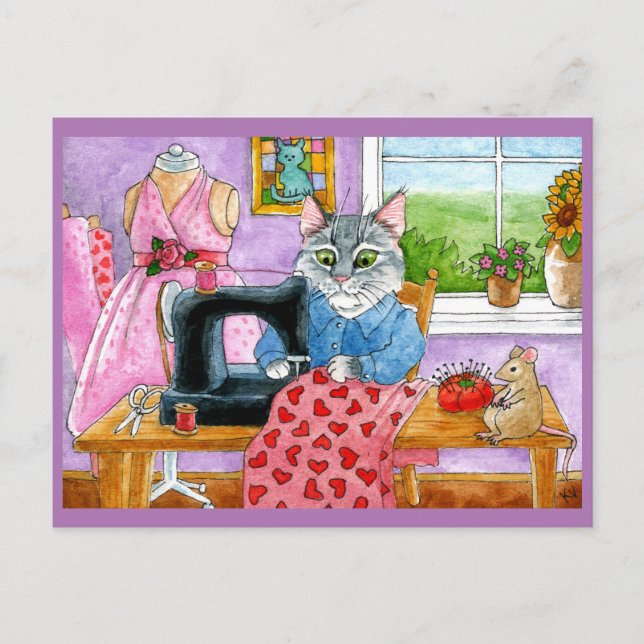 Cute Cat, Mouse, sewing seamstress postcard (Front)
