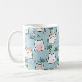 Cute Cat Mug - Adorable Cartoon Cats on Blue