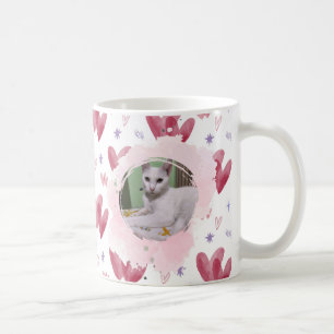Cute Cat Mug – Hearts & Stars, Customizable Photo