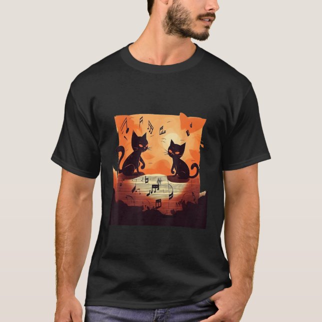 Cute Cat Music Notes Musician T-Shirt (Front)