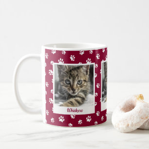 Cute Cat Name & Photo Red and White Paw Prints Coffee Mug