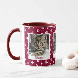Cute Cat Name & Photo Red and White Paw Prints Mug