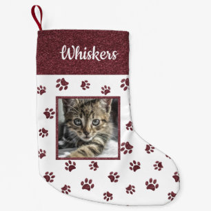 Cute Cat Name Photo Rose Gold Glitter Paw Prints Small Christmas Stocking