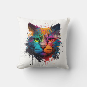 Cute Cat Neon Ink Splash Throw Pillow