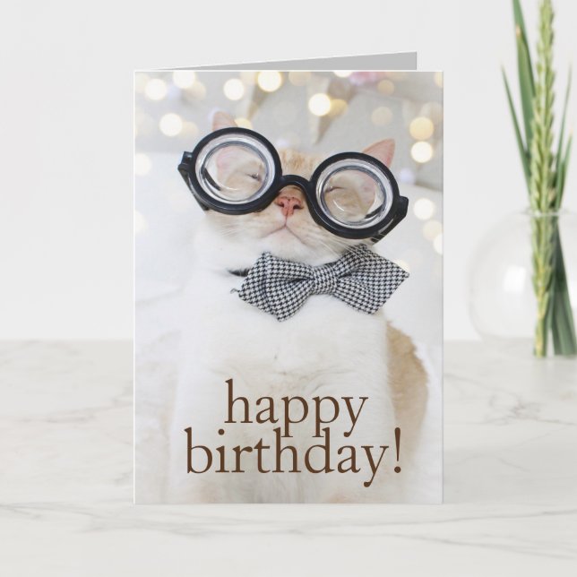 Cute Cat Nerd Glasses Happy Birthday Greeting Card (Front)