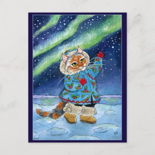 Cute cat, northern lights postcard