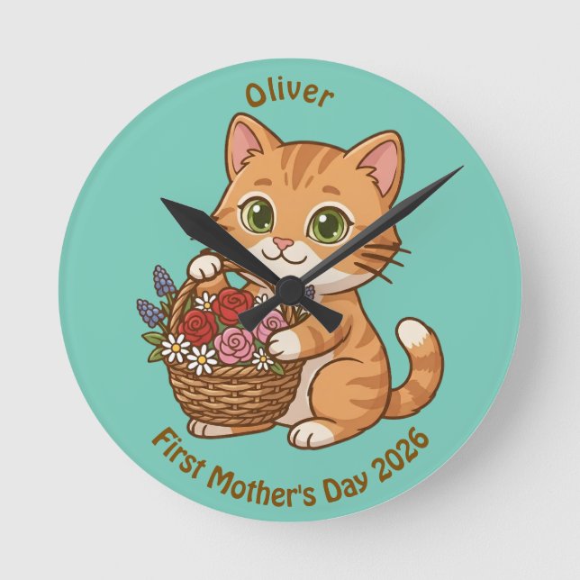 Cute Cat Nursery Wall Clock: Baby Gift Round Clock (Front)