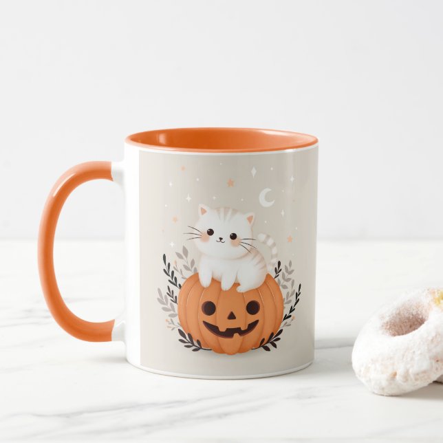 Cute Cat On A Pumpkin Halloween Illustration Mug (With Donut)