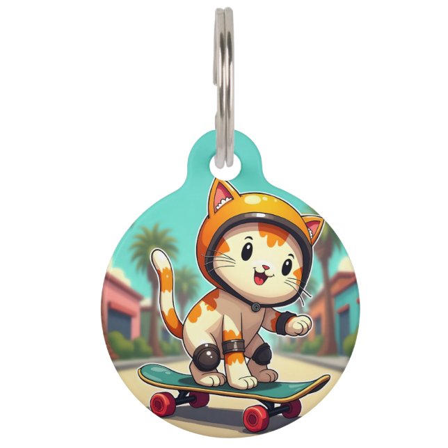 Cute cat on a skateboard pet tag (Front)