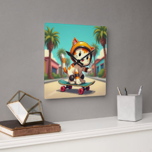 Cute cat on a skateboard square wall clock